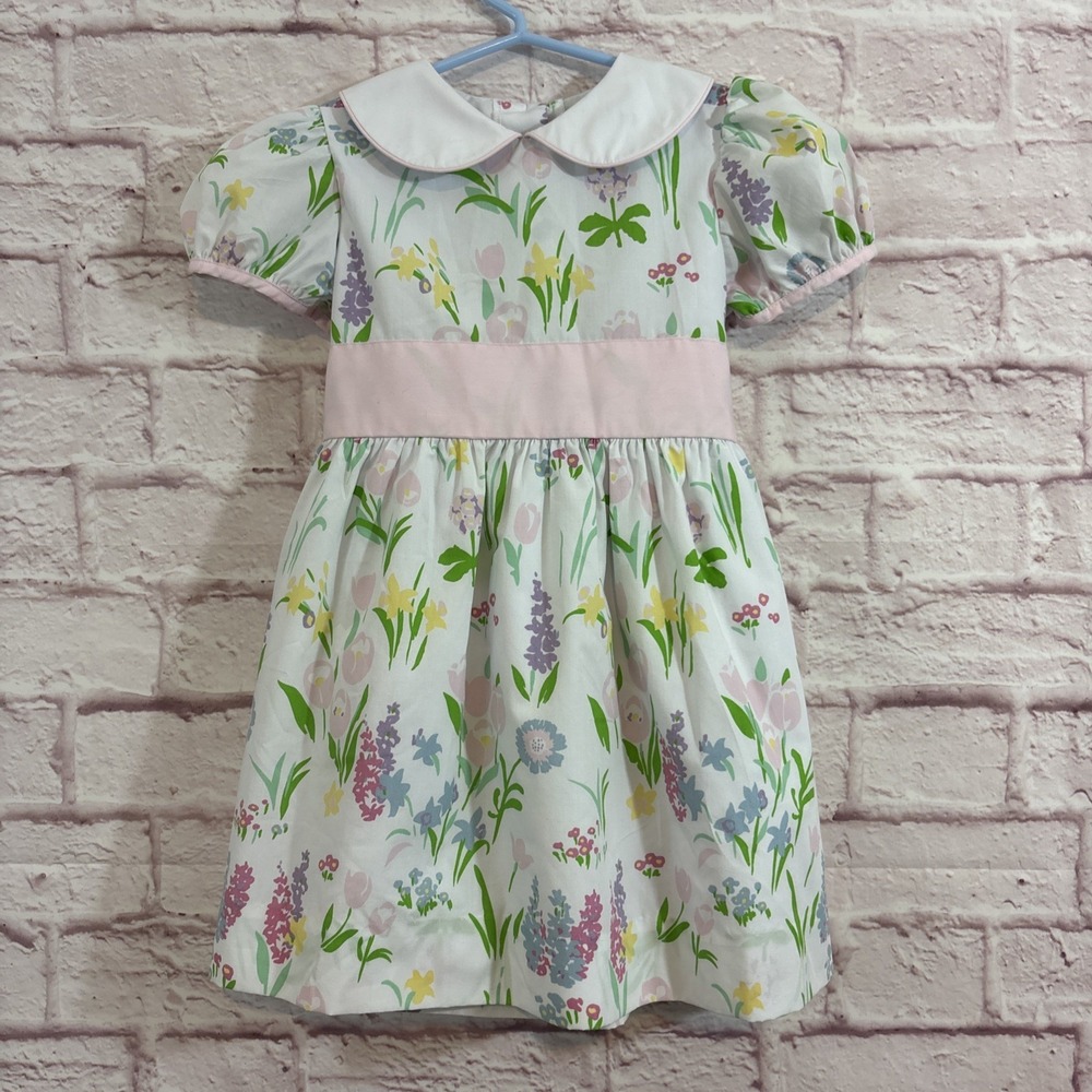 Beaufort Bonnet Girls Size 5 Dress Floral White Pink Green Puff Sleeves Bow